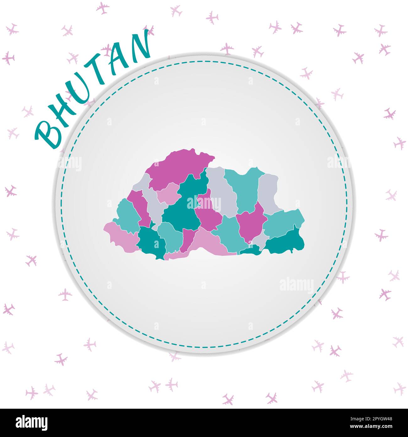 Progettazione di mappe in Bhutan. Mappa del paese con regioni nella tavolozza dei colori smeraldo-ametista. Illustrazione Vettoriale