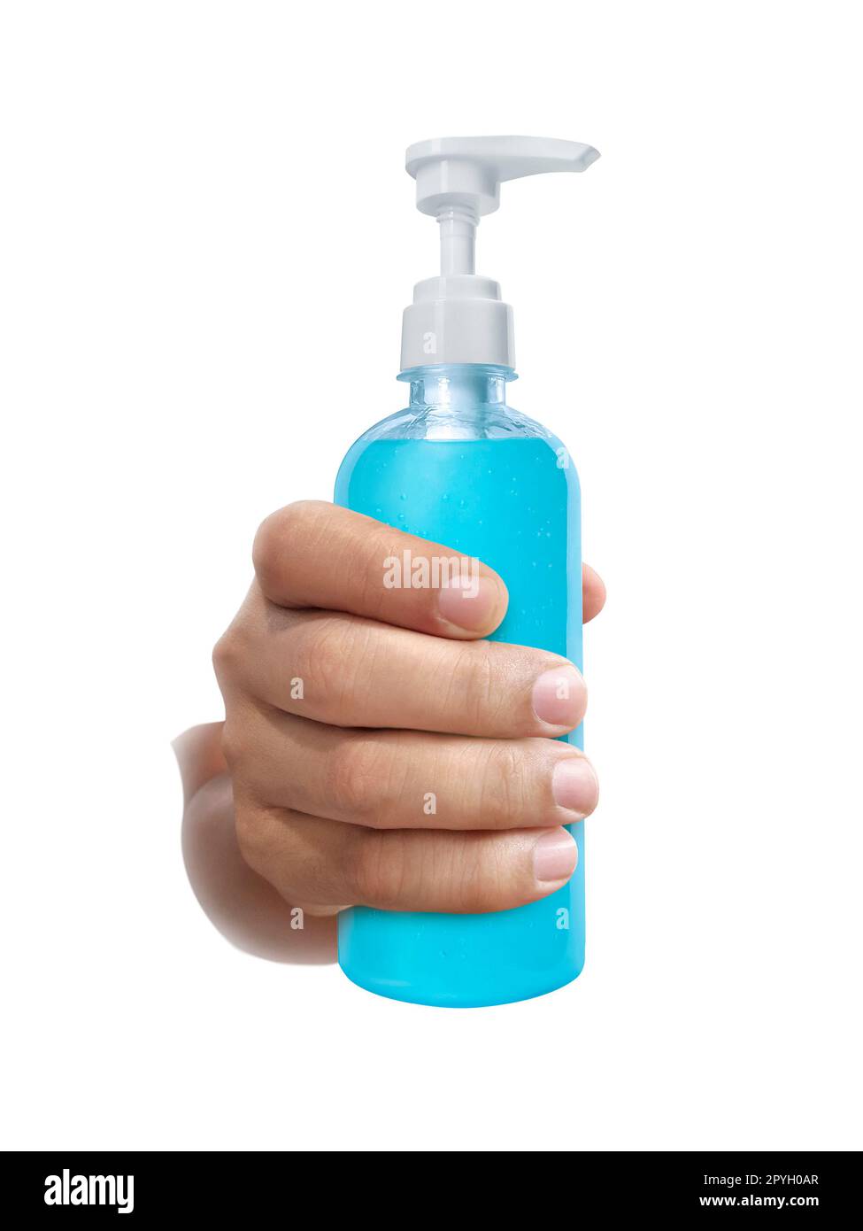 Alcool gel igienizzante mani gel detergenti per anti batteri e virus su sfondo bianco, persone che utilizzano alcool gel per lavare le mani per prevenire il virus COVID-19 Foto Stock