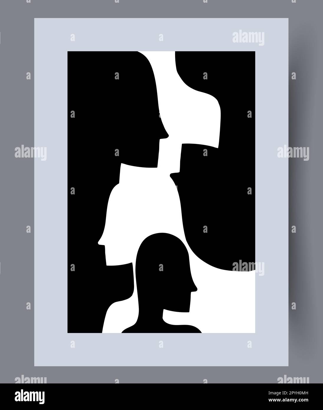 Ritratti persone diversi volti muro di stampa arte. Opere d'arte da parete per il design degli interni. Sfondo decorativo contemporaneo con volti. Stampa abstr. Minimo Foto Stock