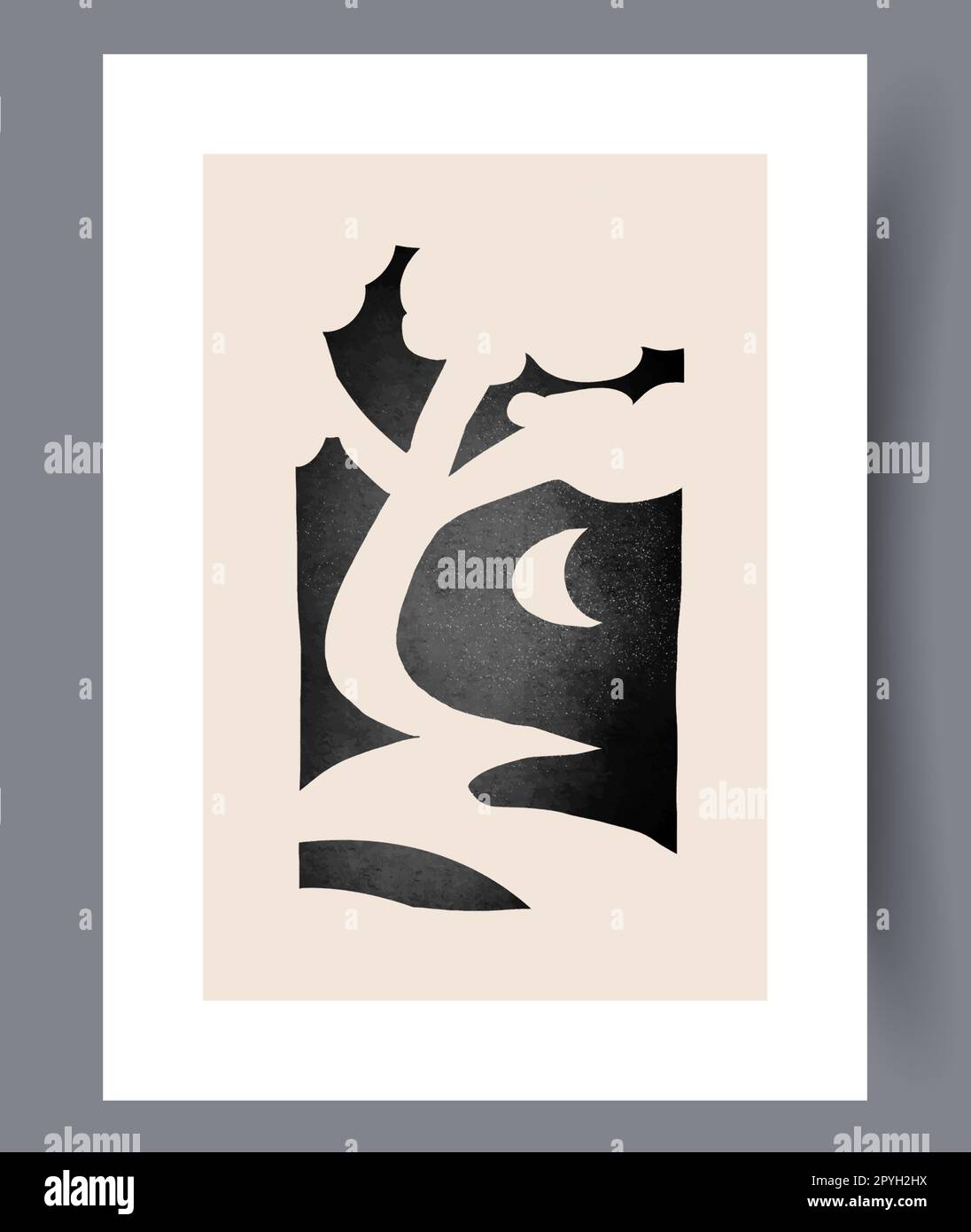 Paesaggio albero notte percorso muro arte stampa. Poster ad albero astratto minimo stampabile. Sfondo decorativo contemporaneo con percorso. Illustrazione della parete per inter Foto Stock