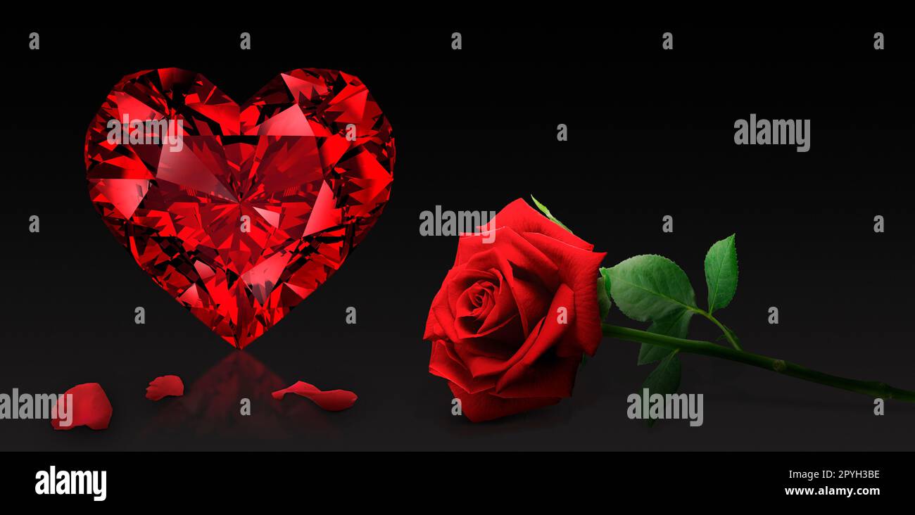 Diamante a forma di cuore, con romantica rosa rossa di San Valentino Foto Stock