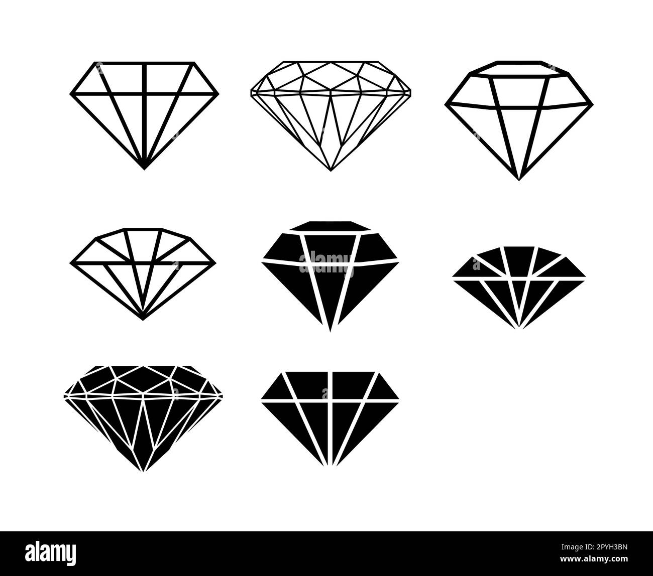 Un set di diamanti in uno stile piatto. Icone astratte di diamante nero. Segno di contorno lineare. icona logo design diamanti Foto Stock