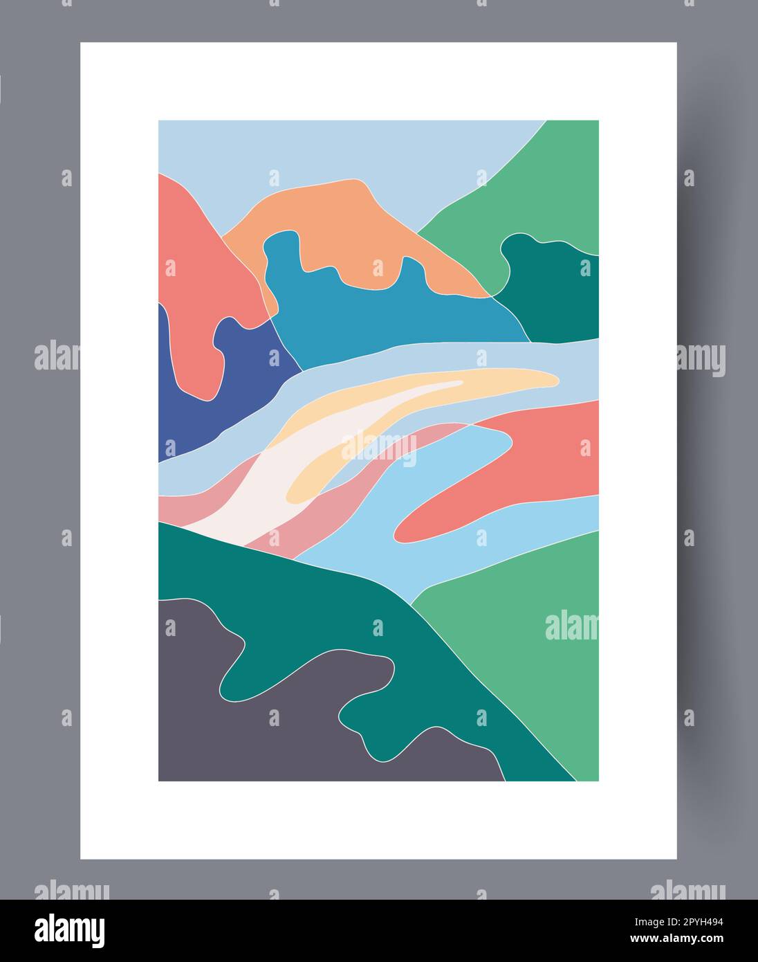 Paesaggio fiume montagna natura muro arte stampa. Poster astratto del fiume. Sfondo decorativo contemporaneo con la natura. Illustrazione della parete Foto Stock