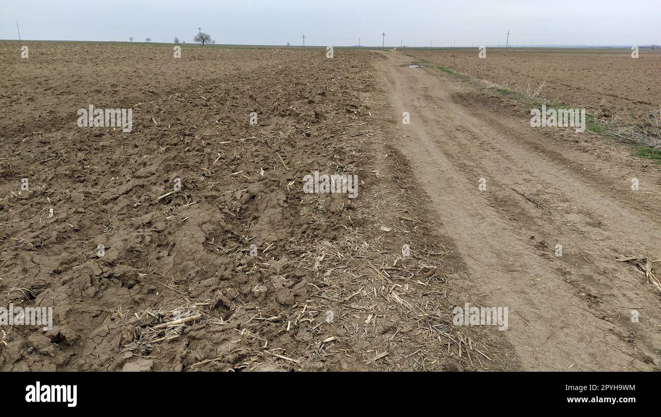 Campo arato. Seminativi con terreno fertile per la piantagione di colture. Paesaggio rurale in Serbia, nei Balcani. Solchi e pozzi. Sul lato destro c'è una strada sterrata. Vista panoramica Foto Stock