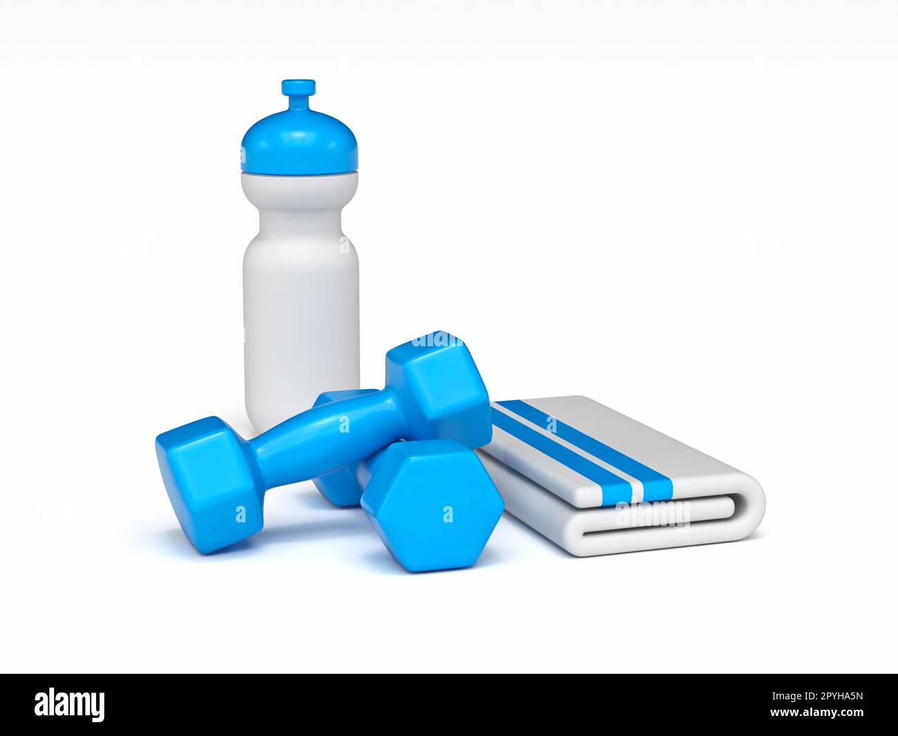 Pesi fitness blu bianco con asciugamano e bottiglia d'acqua di plastica 3D  che rendono l'illustrazione isolata su sfondo bianco Foto stock - Alamy