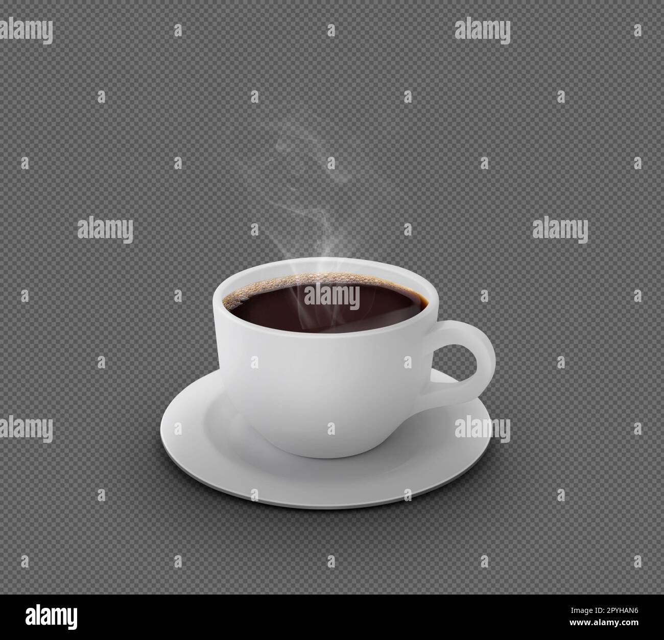 Tazza da caffè bianca realistica con fumo isolato su una copia di sfondo trasparente Foto Stock