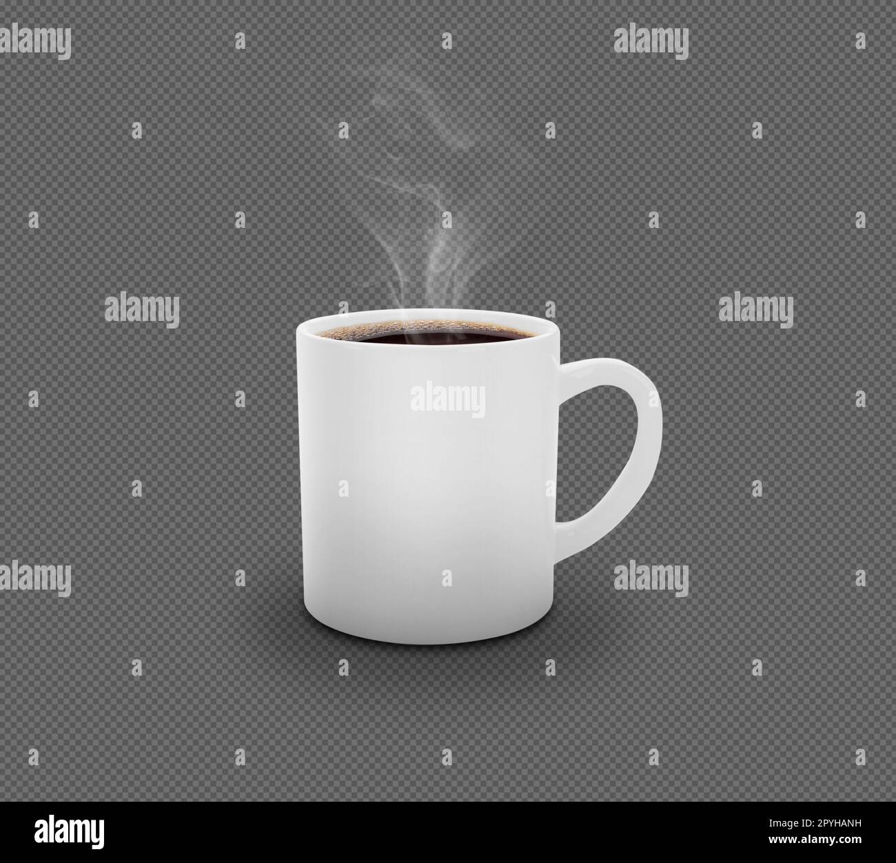 Tazza da caffè bianca realistica con fumo isolato su sfondo trasparente Foto Stock