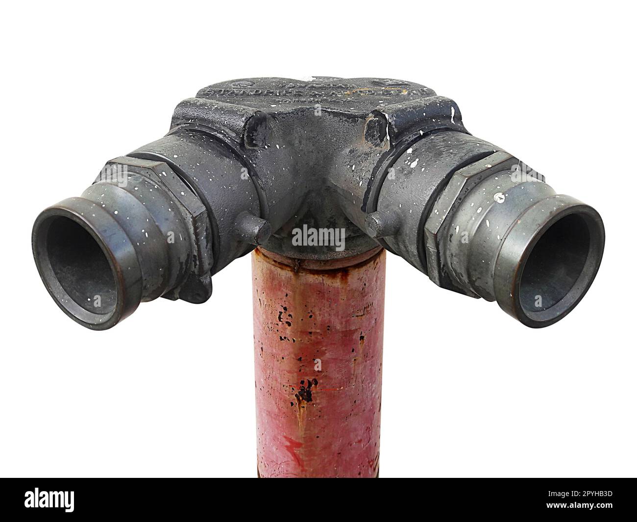 Vecchio idrante metallico rosso o collegamento dei Vigili del fuoco Foto Stock