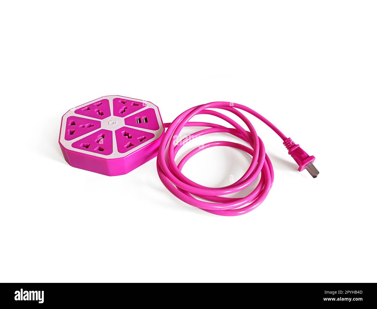 Spina di prolunga rosa isolata su sfondo bianco Foto Stock