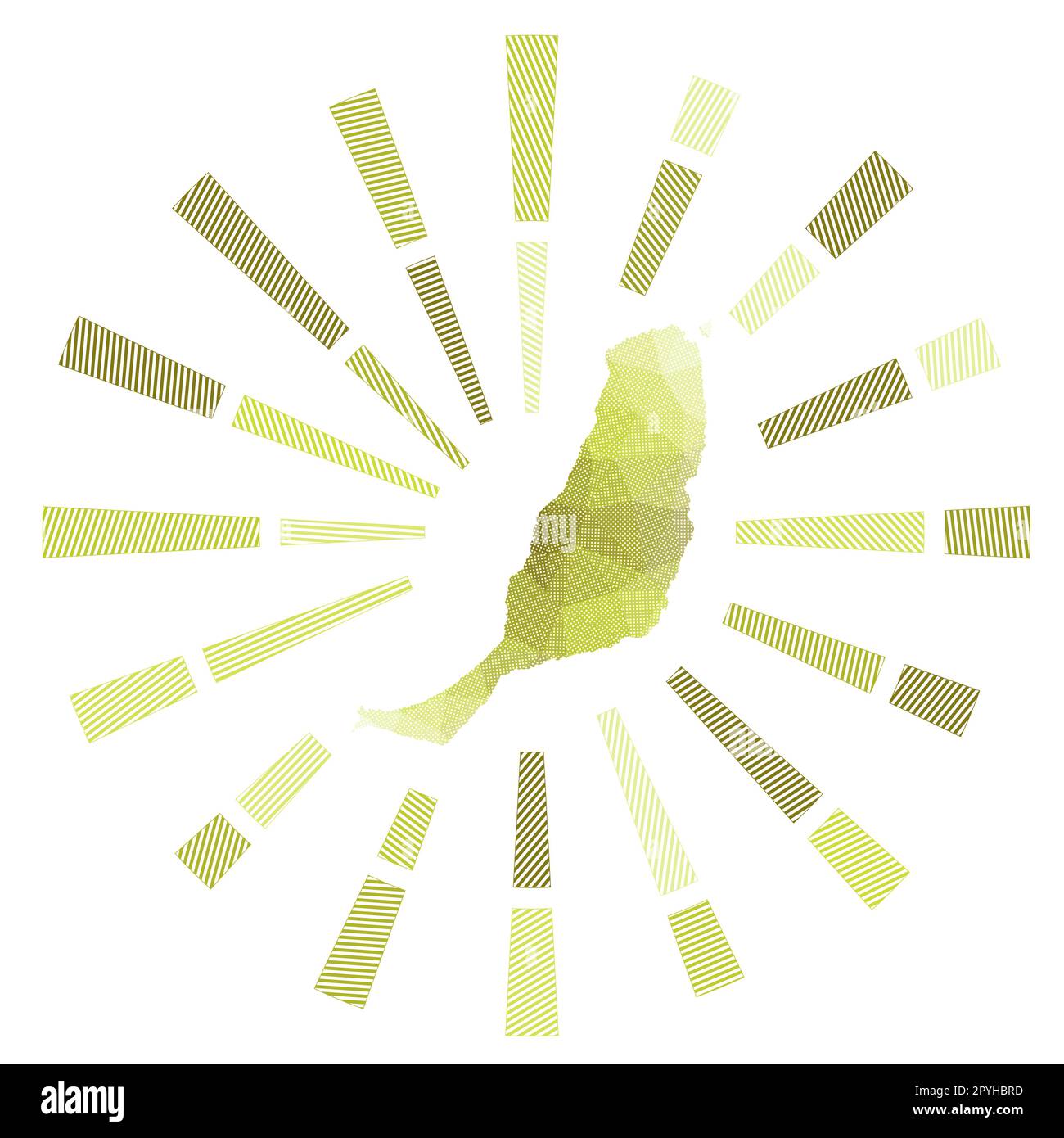 Fuerteventura sunburst. Basso poli strisce raggi e mappa dell'isola. Illustrazione vettoriale accurata. Illustrazione Vettoriale