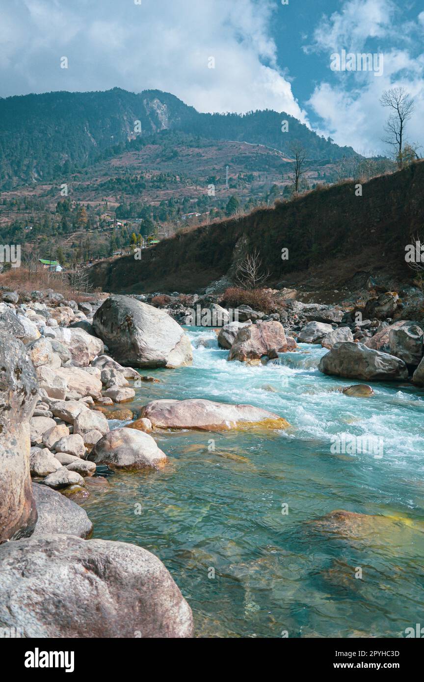 Fiume di montagna Rock creek che scorre in una valle montuosa dell'himalaya rocciosa. Affluente del fiume Teasta. Immagine verticale. Sikkim Bengala Occidentale India Asia meridionale Pacifico. Foto Stock