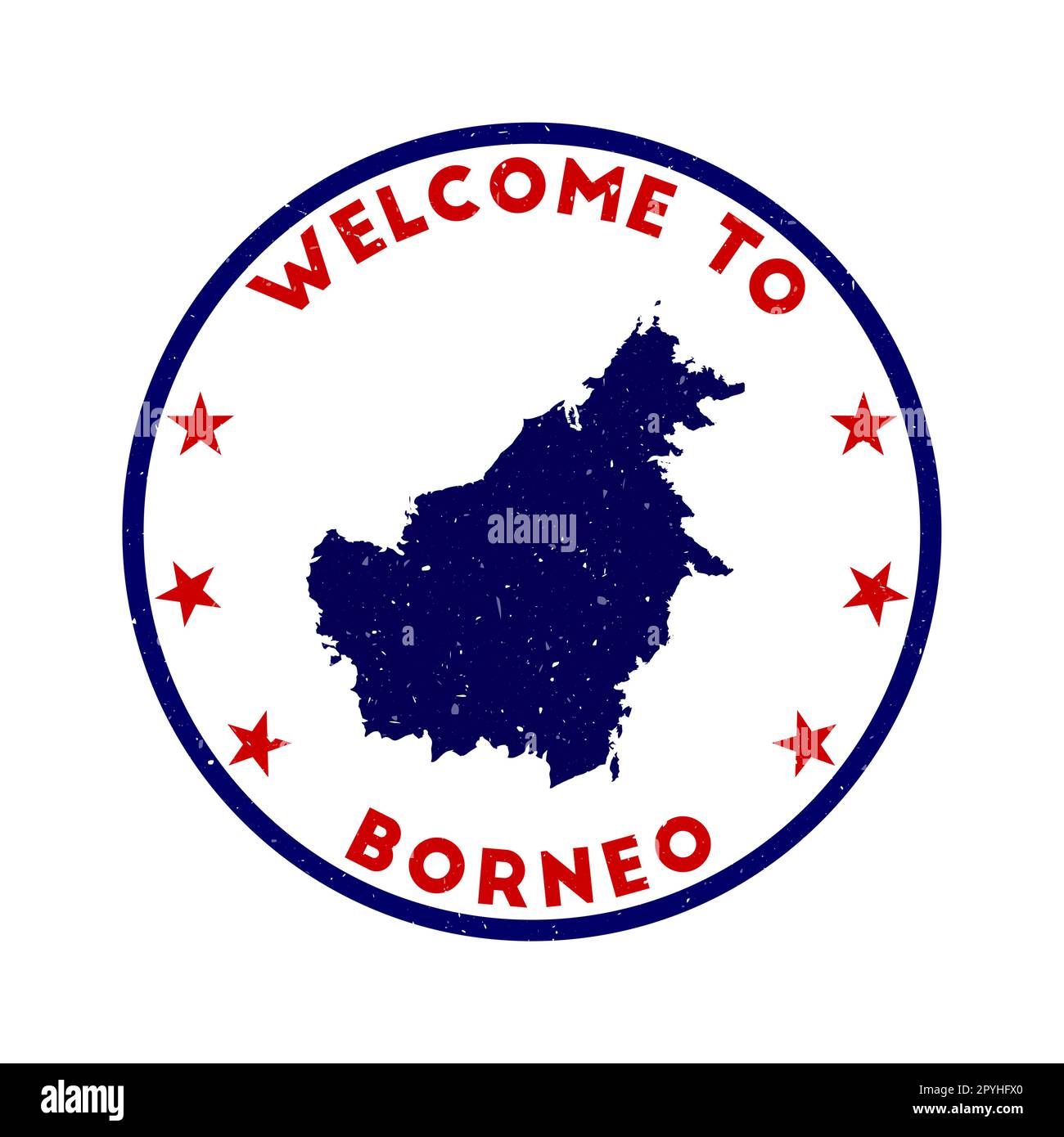 Benvenuti al francobollo Borneo. Francobollo rotondo dell'isola grunge con texture in tema di colore comunista. Sigillo Borneo geometrico in stile vintage. Potente vettore illustre Illustrazione Vettoriale