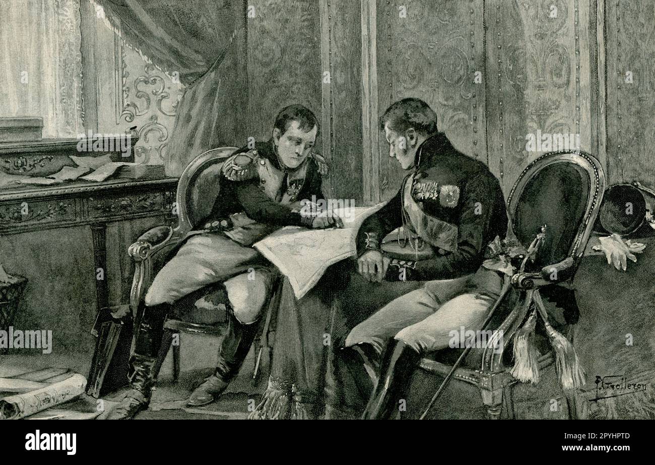 Questa illustrazione da un numero del 1896 di Century Magazine mostra Napoleone e Alessandro a Tilst studiando una mappa dell'Europa. È stato disegnato da Paul Grolleron. Napoleone e Alessandro si sono incontrati a Tilsit e hanno firmato un trattato di pace (7 luglio 1808). Alessandro i, lo zar di Russia, fu costretto ad accettare la riduzione della posizione della Prussia, la costituzione di un Granducato di Varsavia e il blocco continentale contro la Gran Bretagna. Napoleone Bonaparte (1769–1821) fu un leader politico e militare francese che divenne l'imperatore di Francia. Il pittore e illustratore francese, Paul Grolleron, rimane più conosciuto per il suo Foto Stock