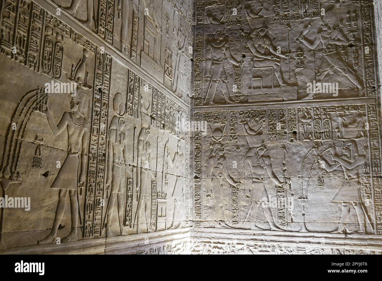 Rilievi sulle pareti interne del tempio di Edfu in Egitto Foto Stock