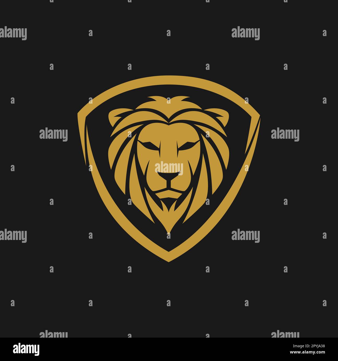 Logo piatto Design della testa Leone d'oro con disegno vettoriale Shield Concept. Illustrazione Vettoriale