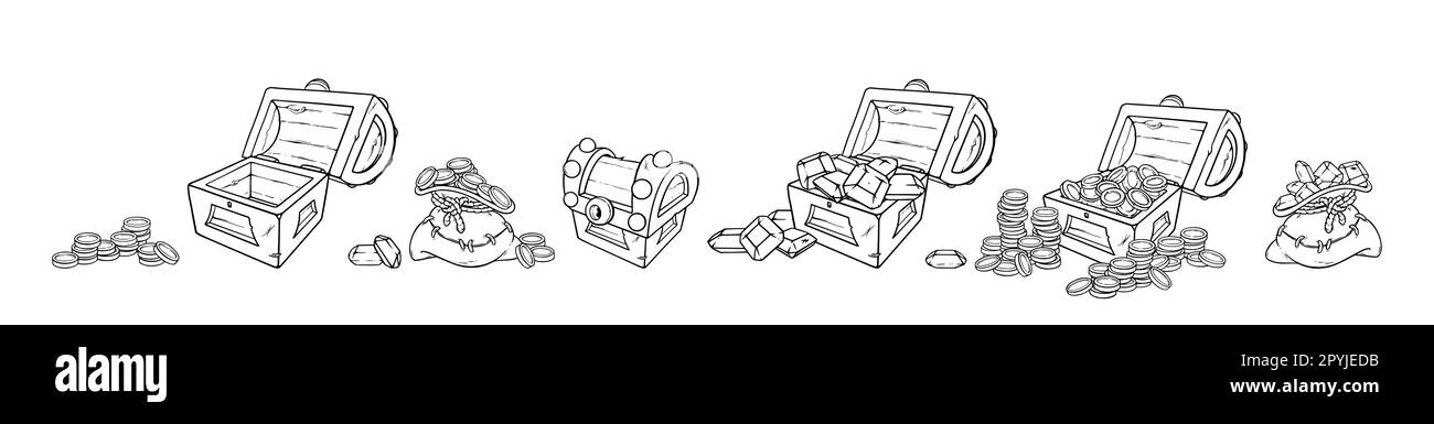 Borsa e scrigno del tesoro. Cassettiere con monete e pietre di gemme, borse di denaro per i giochi. Illustrazione vettoriale isolata su sfondo bianco Illustrazione Vettoriale