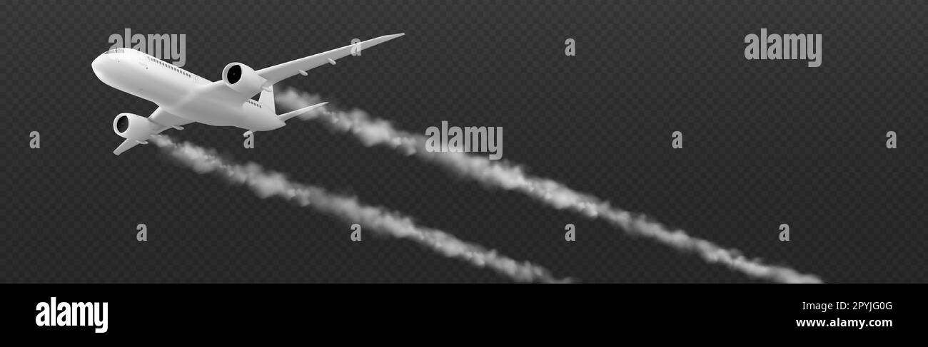 Pista di condensazione piana bianca con vettore di nube di fumo isolato su sfondo trasparente. Effetto vapore linea velocità di volo aereo. prestazioni del percorso di coda per aviazione 3d. Flusso di scarico diritto Illustrazione Vettoriale