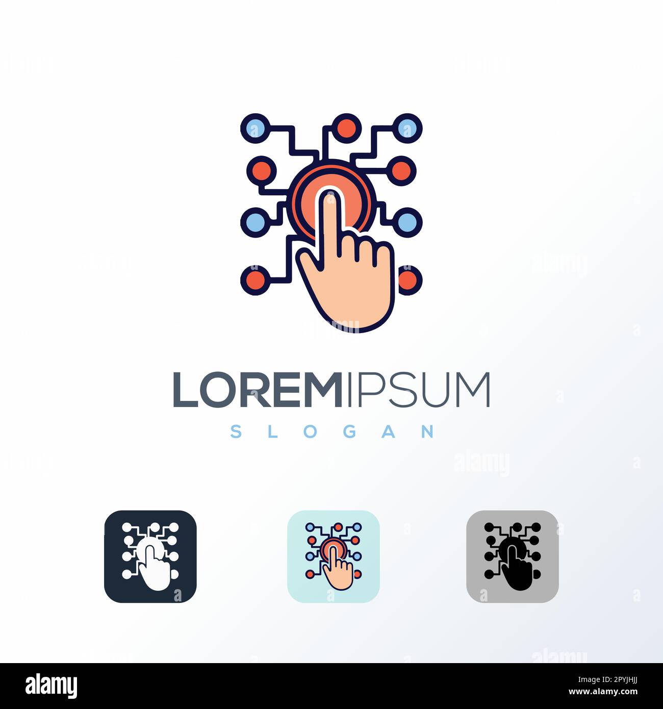 Modello di logo creativo a mano digitale. Braccio robot, tecnologia futuristica, cyber sicurezza astratto logo aziendale. VR touch, elettronico, automazione, Illustrazione Vettoriale