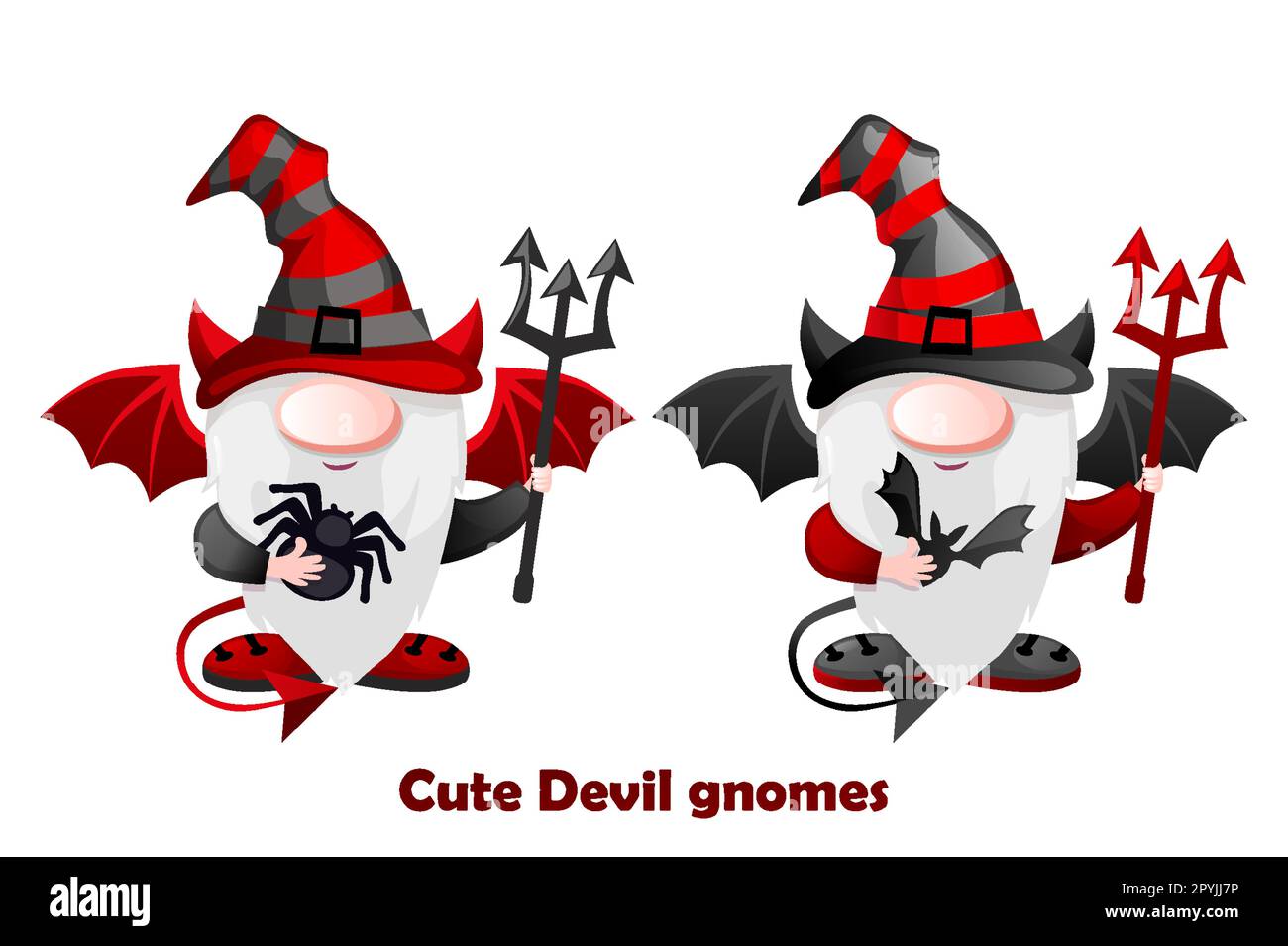 Cartoon Devil Gnomes con il tridente diavoli. Carattere leprechaun di Halloween Illustrazione Vettoriale