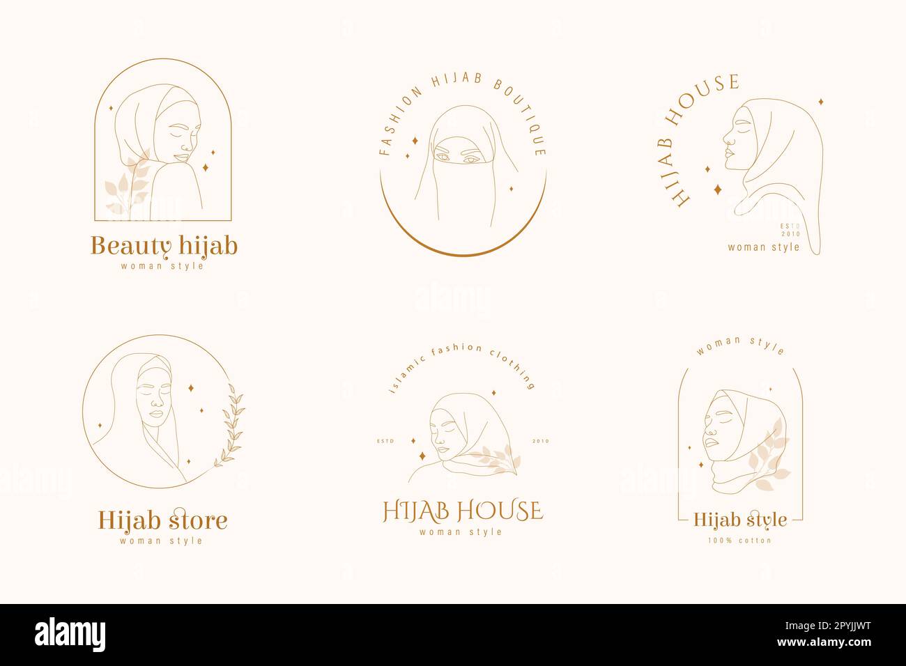 Hijab Store logo collezione. Set di logotipi per boutique headdress o negozio musulmano. Donna araba astratta con occhi chiusi. Illustrazione vettoriale nella Illustrazione Vettoriale