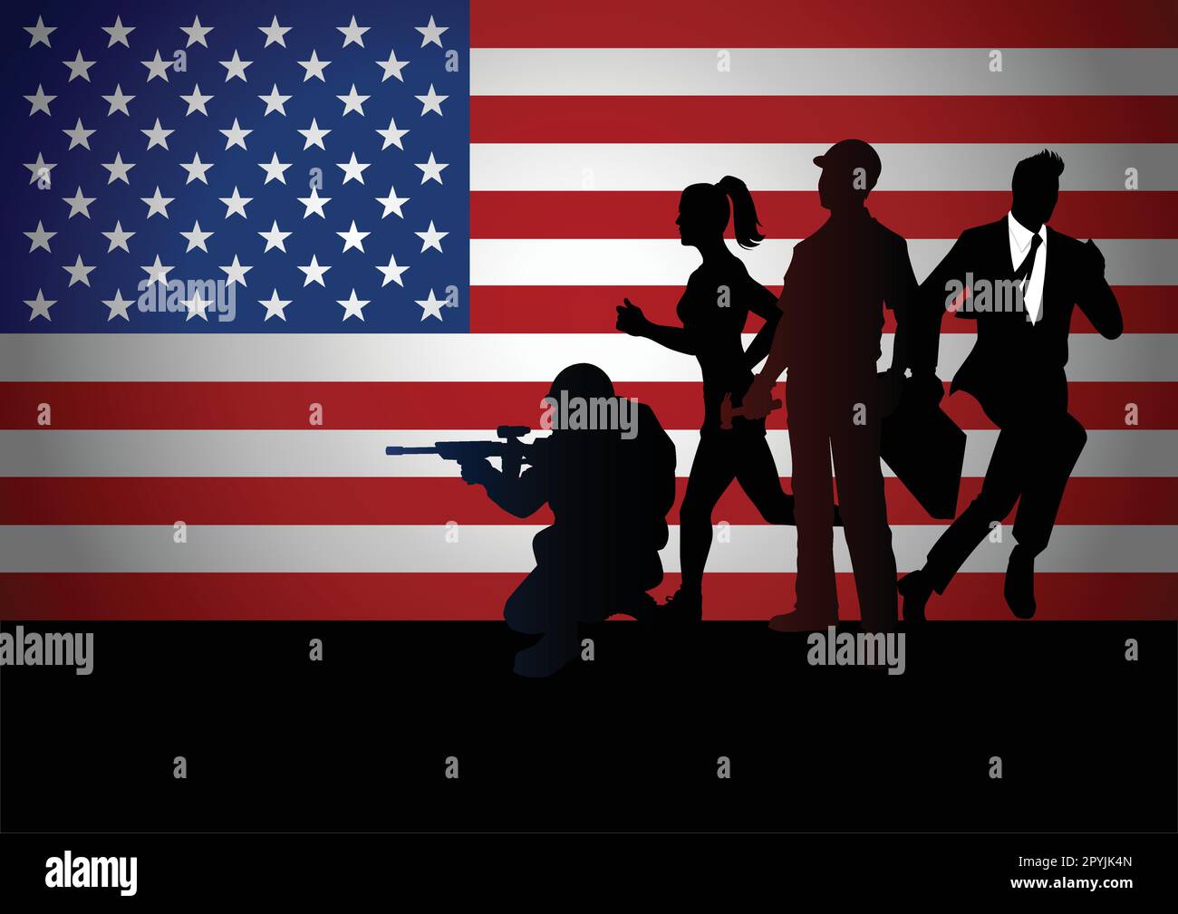 Silhouette di persone con professione diversa contro bandiera americana Illustrazione Vettoriale