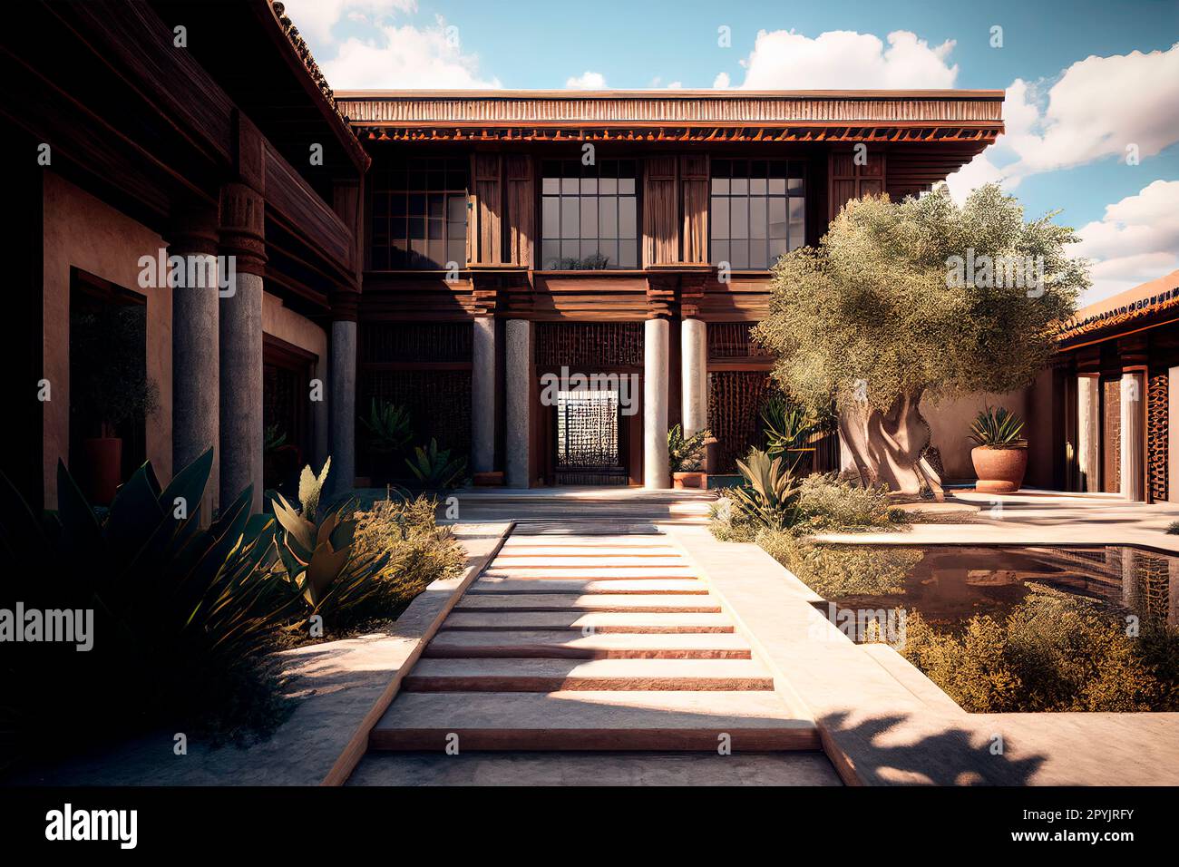 Villa moderna di lusso con patio e zona piscina di fronte. Design architettonico del deserto con un'estetica minimale e neutra. Foto Stock