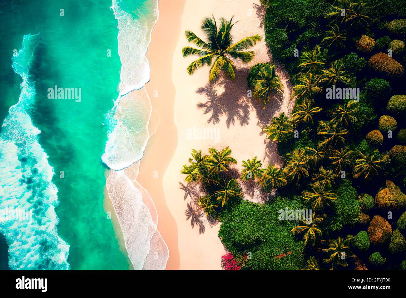 Vista droni della spiaggia di sabbia tropicale con palme e onde del mare. Isola tropicale dall'alto sfondo della carta da parati. Concetto di viaggio per le vacanze estive. Foto Stock