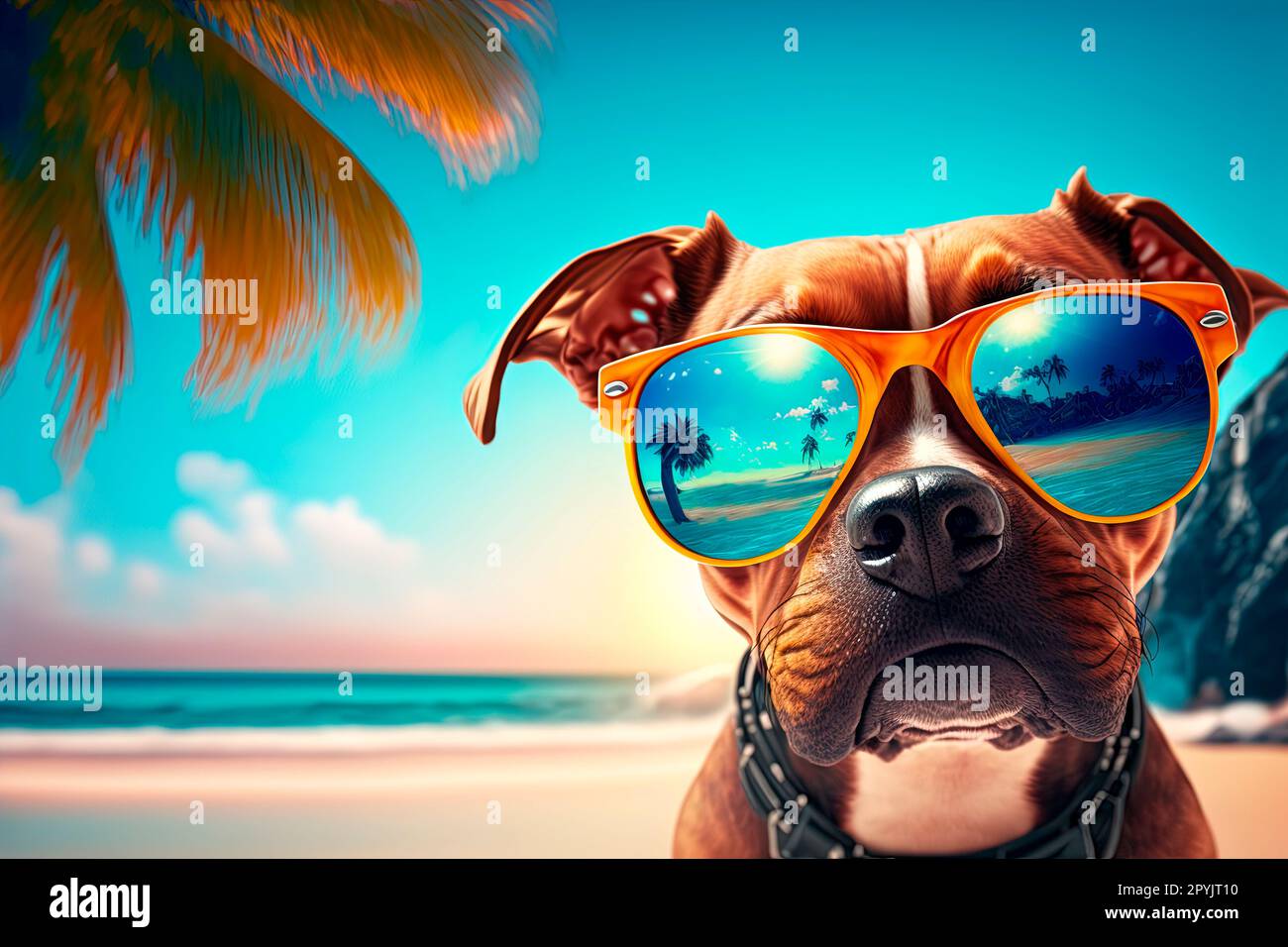 Buon cane con occhiali da sole sulla spiaggia di sabbia tropicale con palme. Vacanze estive sull'isola resort. Foto Stock