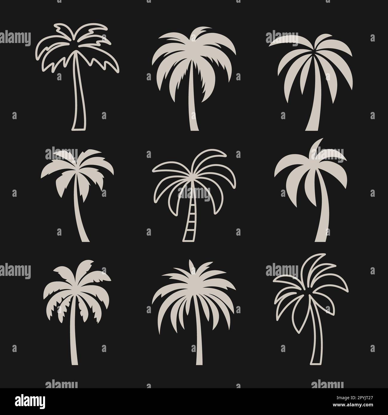Palme vettoriali, insieme di icone Palm Tree isolate. Silhouette Palm. Modello di progettazione per il concetto tropicale, vacanza, spiaggia, estate. Illustrazione vettoriale. Vista frontale Foto Stock