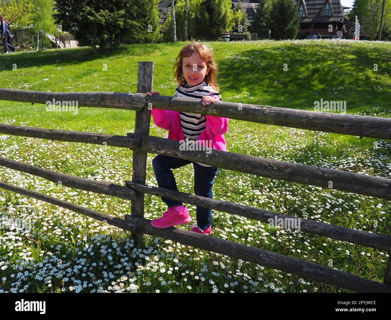 Stanisici, Bijelina, Bosnia ed Erzegovina, 25 aprile 2021. Una bambina di 7 anni con un maglione rosa, jeans e una blusa a righe si trova vicino a una recinzione rurale di legno e sorride. Prato con fiori selvatici Foto Stock