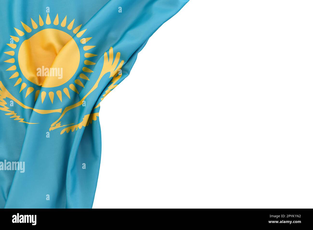Bandiera del Kazakhstan all'angolo su sfondo bianco. Isolato. Illustrazione 3D. Isolato Foto Stock