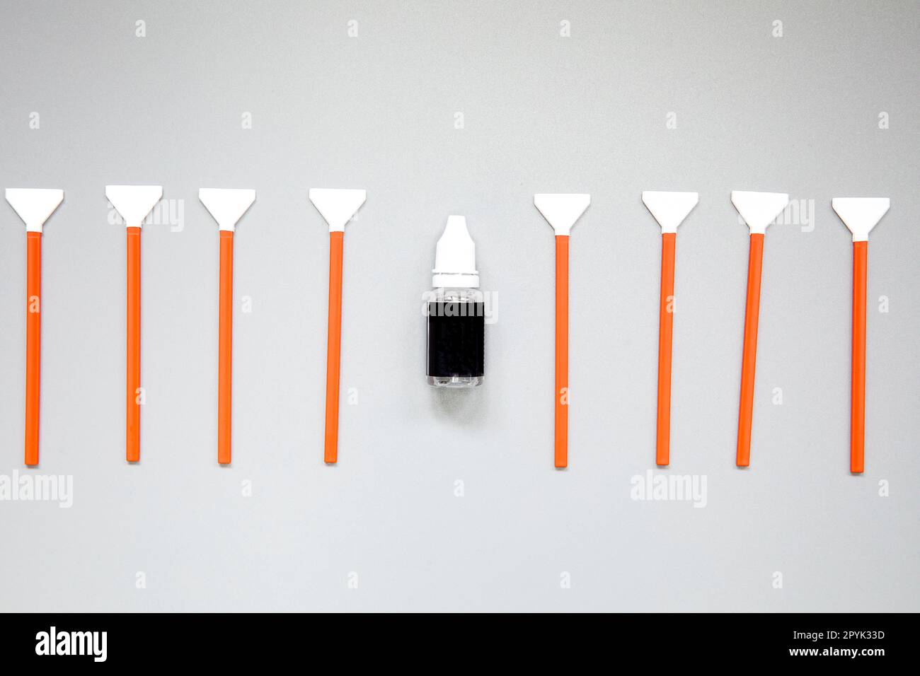 Kit pulizia sensori, disposizione kit pulizia fotocamere digitali, sensore pulizia con spazzola piccola e bomboletta ad aria. Copiare lo spazio per il testo al centro Foto Stock