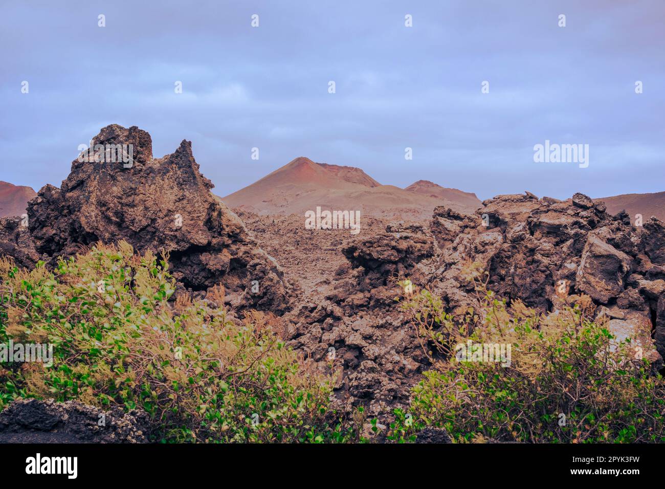 Vista sul mare di lava del Parco Nazionale di Timanfaya e del Montana del Senalo Foto Stock
