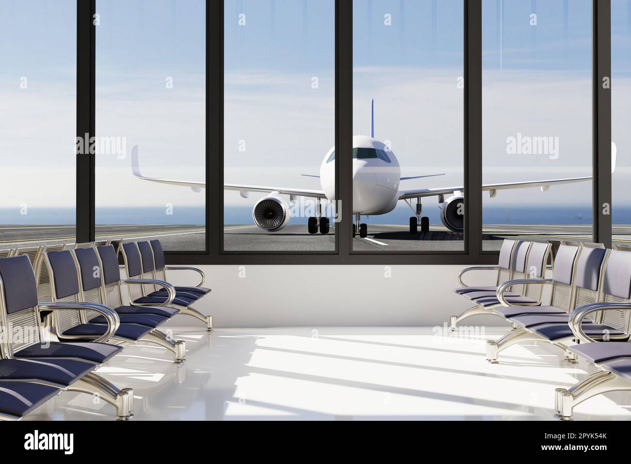 3D interni dell'aeroporto, aereo in finestra, area di attesa dei voli,  concetto di viaggio Foto stock - Alamy