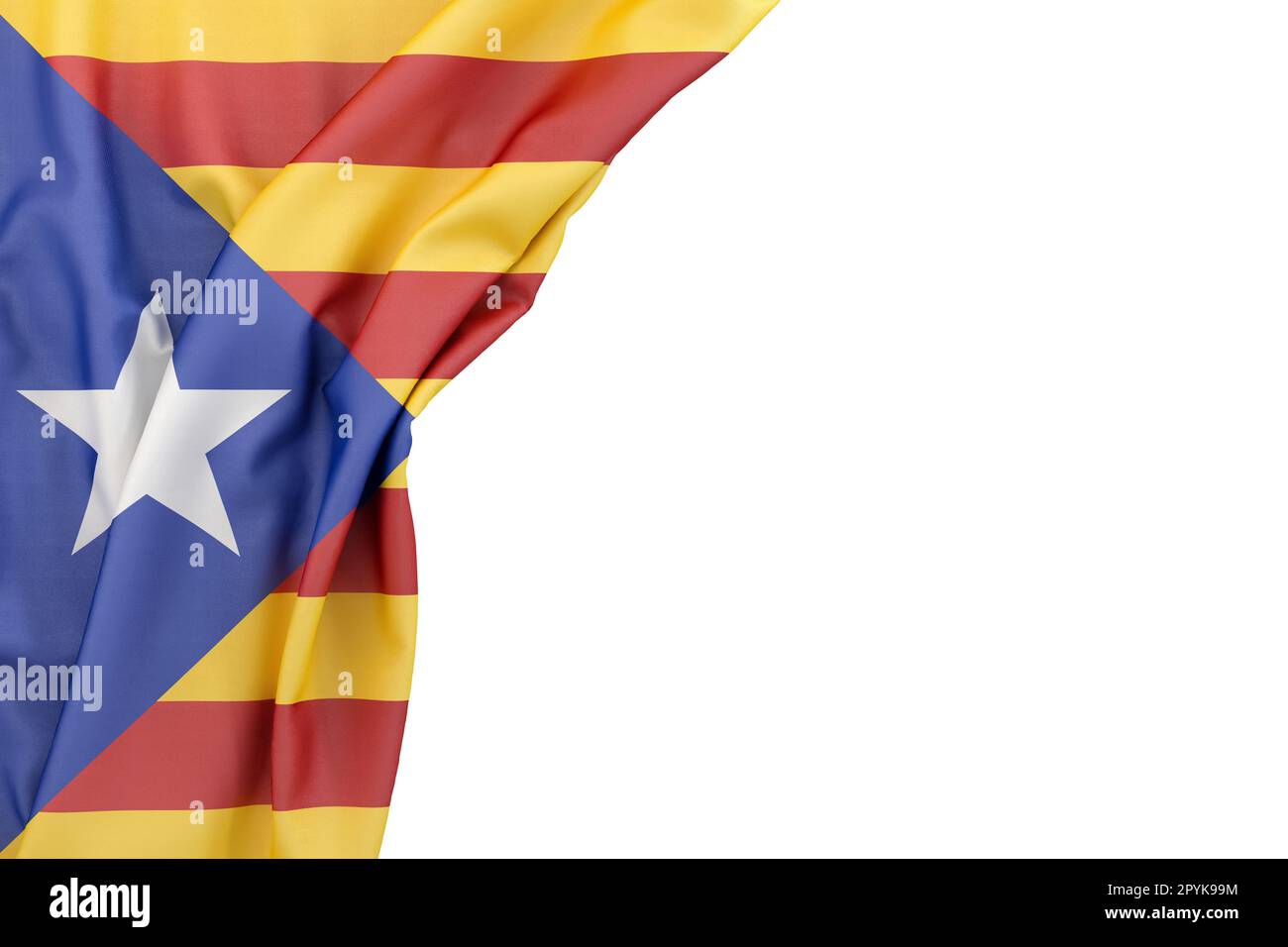 Bandiera della Catalogna all'angolo su sfondo bianco. Rendering 3D. Isolato Foto Stock