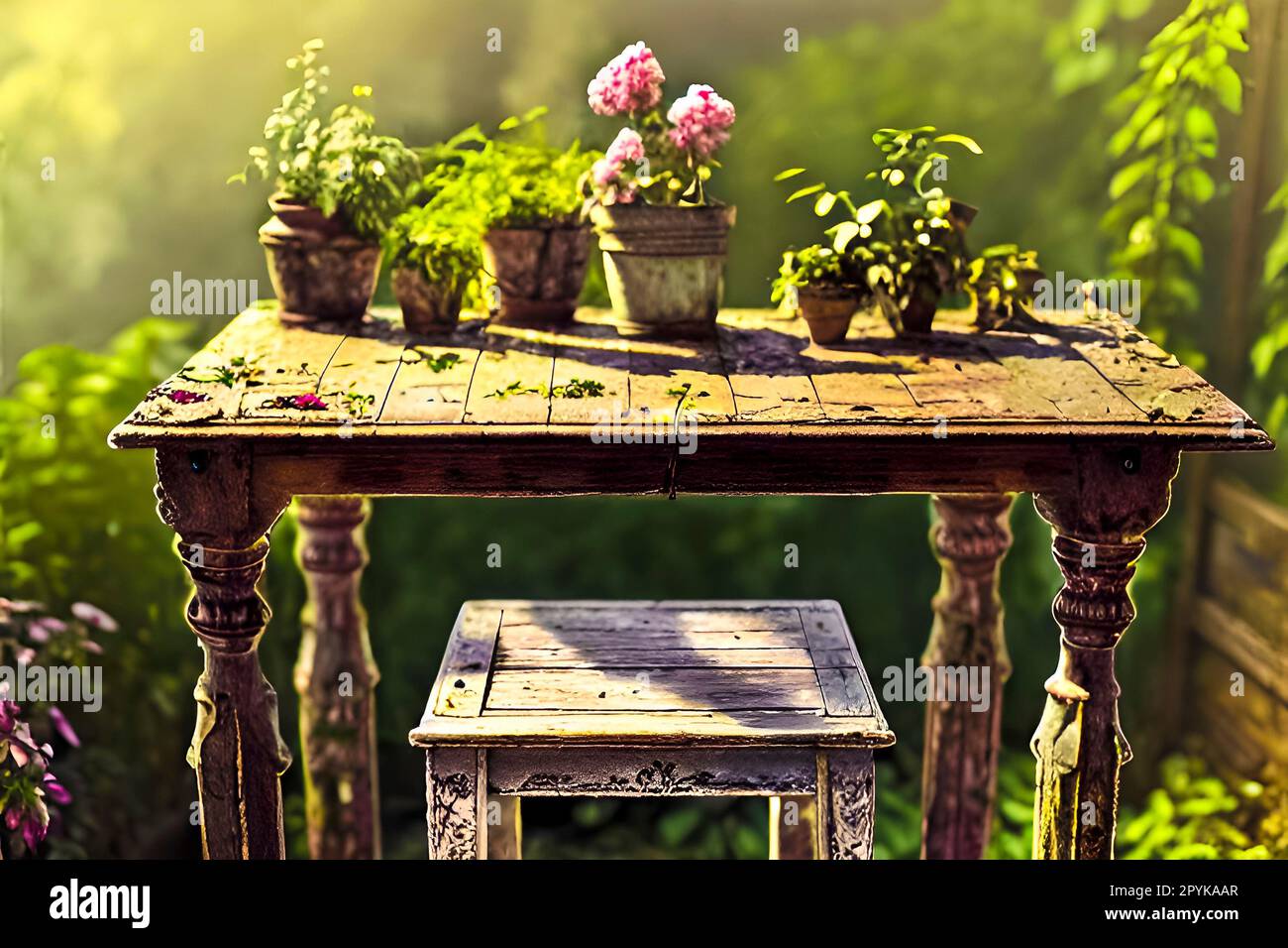 Tavolo in legno d'epoca con fiori in pentole. Foto in vecchio stile di immagine a colori Foto Stock