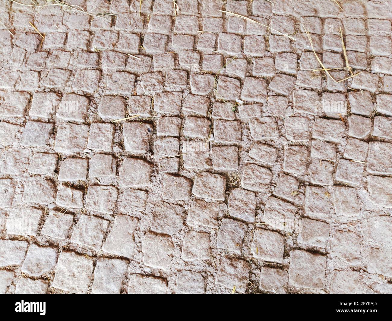 pavimentazione pavimentata con pietre naturali irregolari. Tra i ciottoli frantumati ci sono piccoli ciottoli, terra, sabbia, erba. Nella vecchia città europea. Effetto seppia marrone Foto Stock