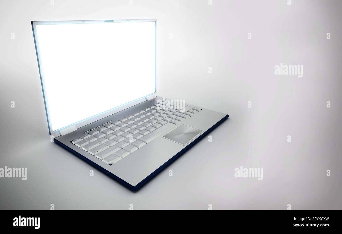 Computer portatile con schermo vuoto su sfondo grigio. Illustrazione 3D. Foto Stock