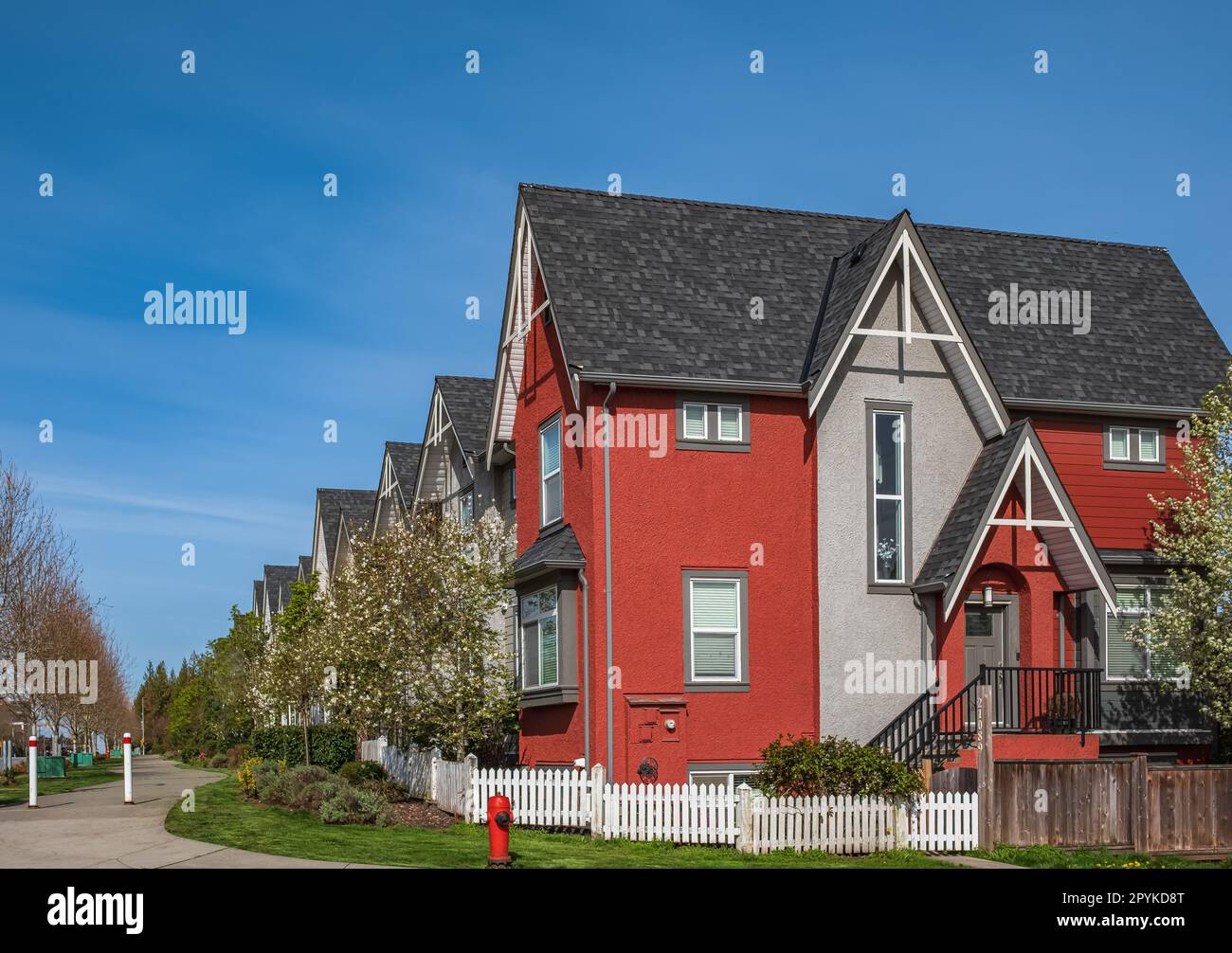 Un quartiere perfetto. Case in periferia a Spring nel Nord America. Immobiliare Case esterne anteriori. Grandi case personalizzate con graziosamente paesaggistico f Foto Stock