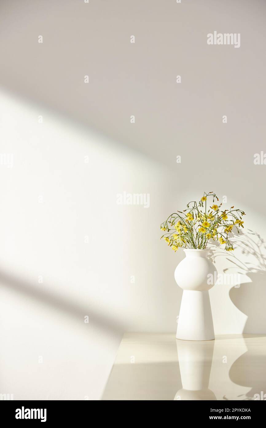 Vasi ed oggetti sul tavolo in una stanza calda con luce solare entrante Foto Stock