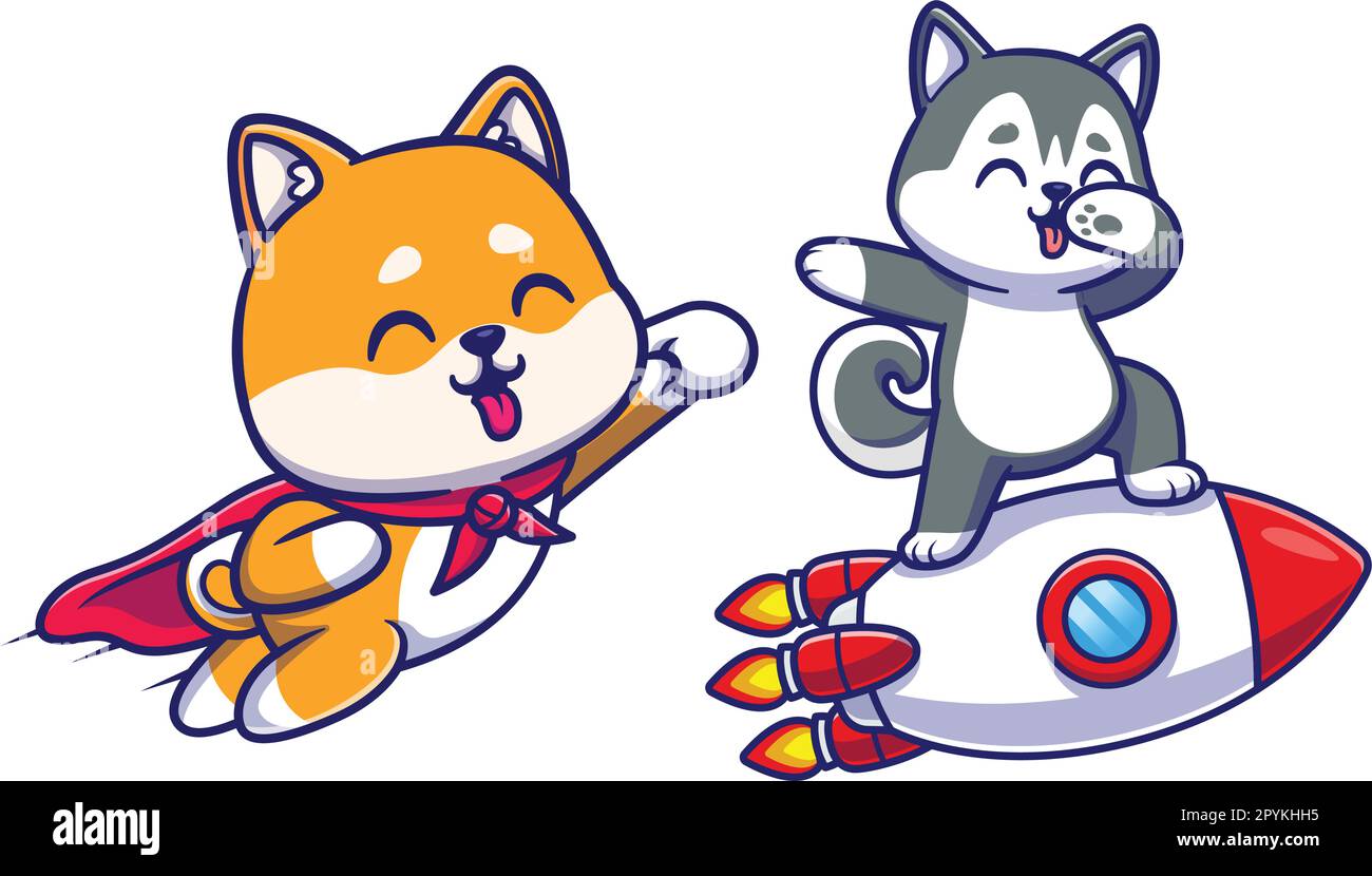 Cute husky cane dabbing sul razzo cartone animato vettore icona illustrazione. Tecnologia animale concetto icona isolato da The Greatest Graphics Illustrazione Vettoriale