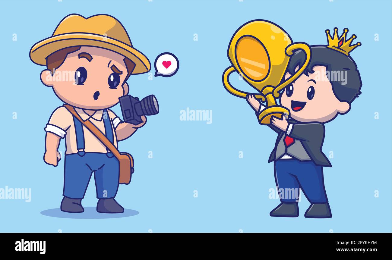 Libero vettore carino uomo con corona che tiene oro trofeo cartoon vettore icona illustrazione. Illustrazione Vettoriale