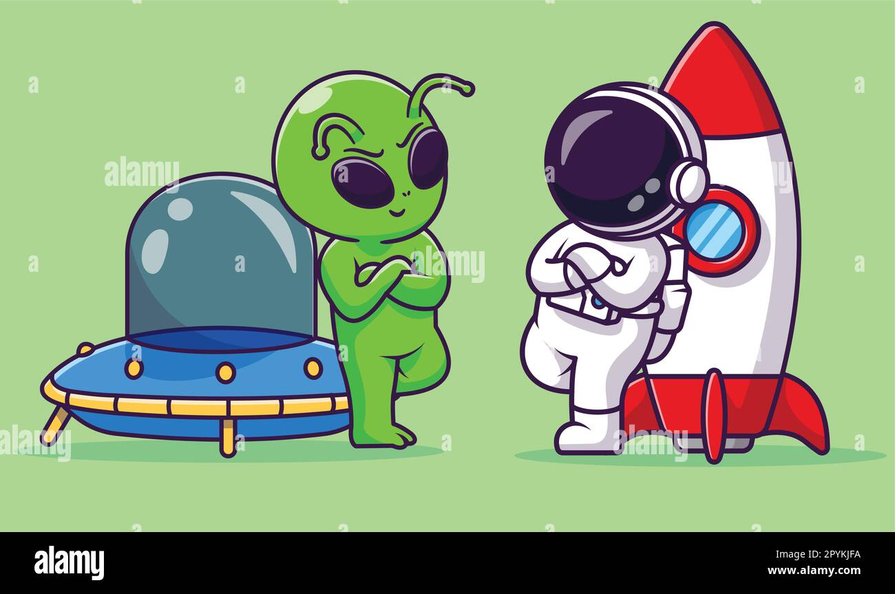 Carino astronauta alieno che regge casco con astronave ufo cartoon vettoriale illustrazione. Illustrazione Vettoriale