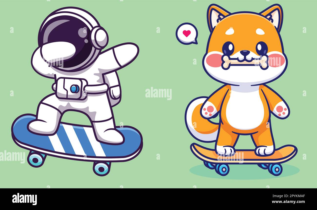 Cute shiba inu Bite Bone su skateboard cartone animato icona vettore illustrazione animale sport icona isolato Illustrazione Vettoriale