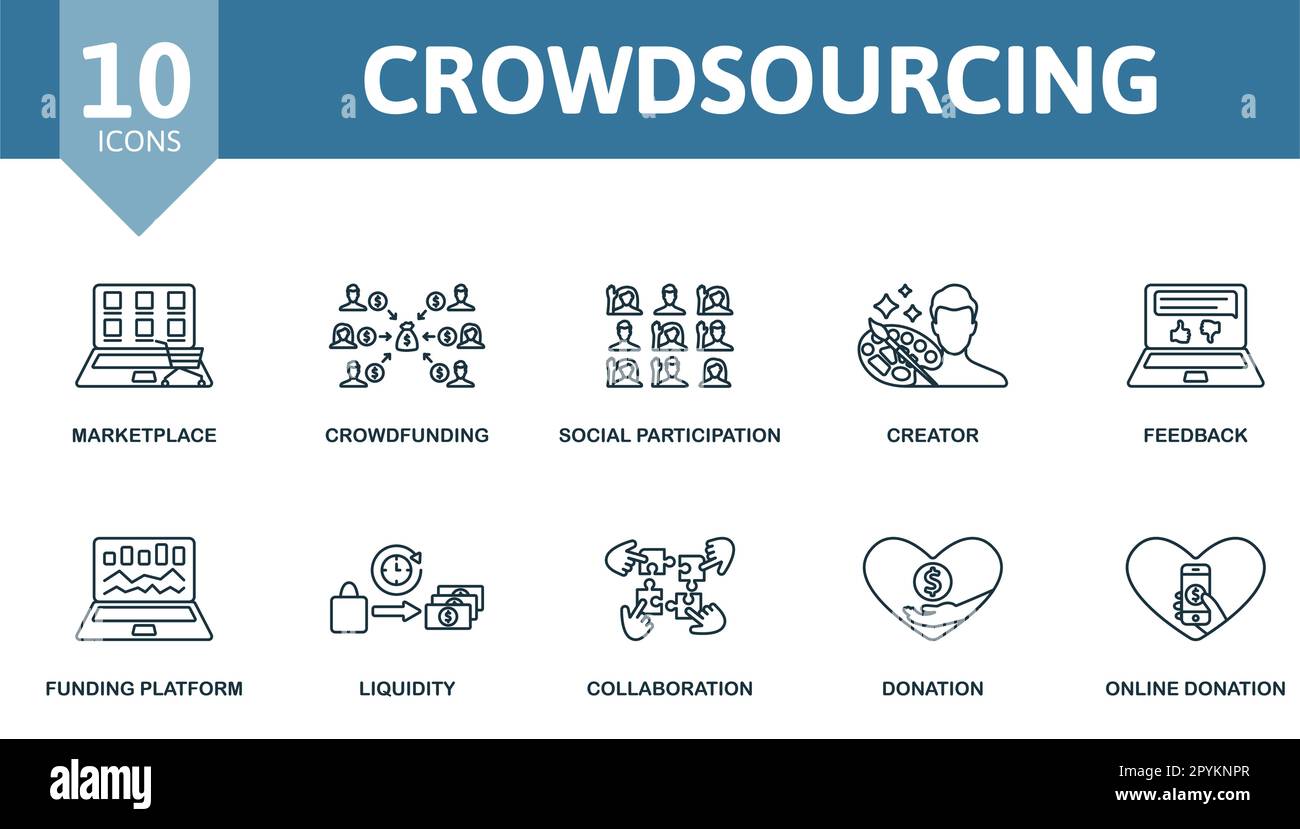 Set di contorni per crowdsourcing. Icone creative: Mercato, crowdfunding, partecipazione sociale, creatore, feedback, piattaforma di finanziamento, liquidità Illustrazione Vettoriale