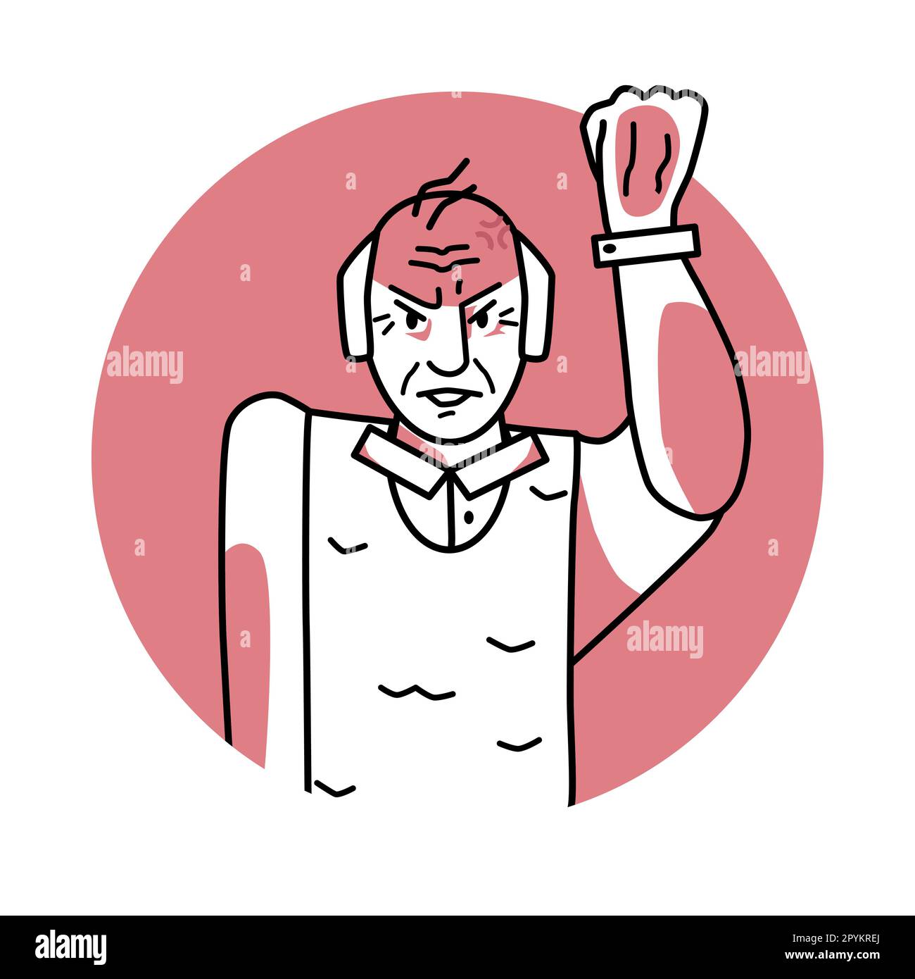 Vecchio con emozione arrabbiata, espressione facciale con le mani. Nonno infastidito con capelli bianchi, esprimendo i suoi sentimenti negativi con gesti. Vec. Rosso Illustrazione Vettoriale