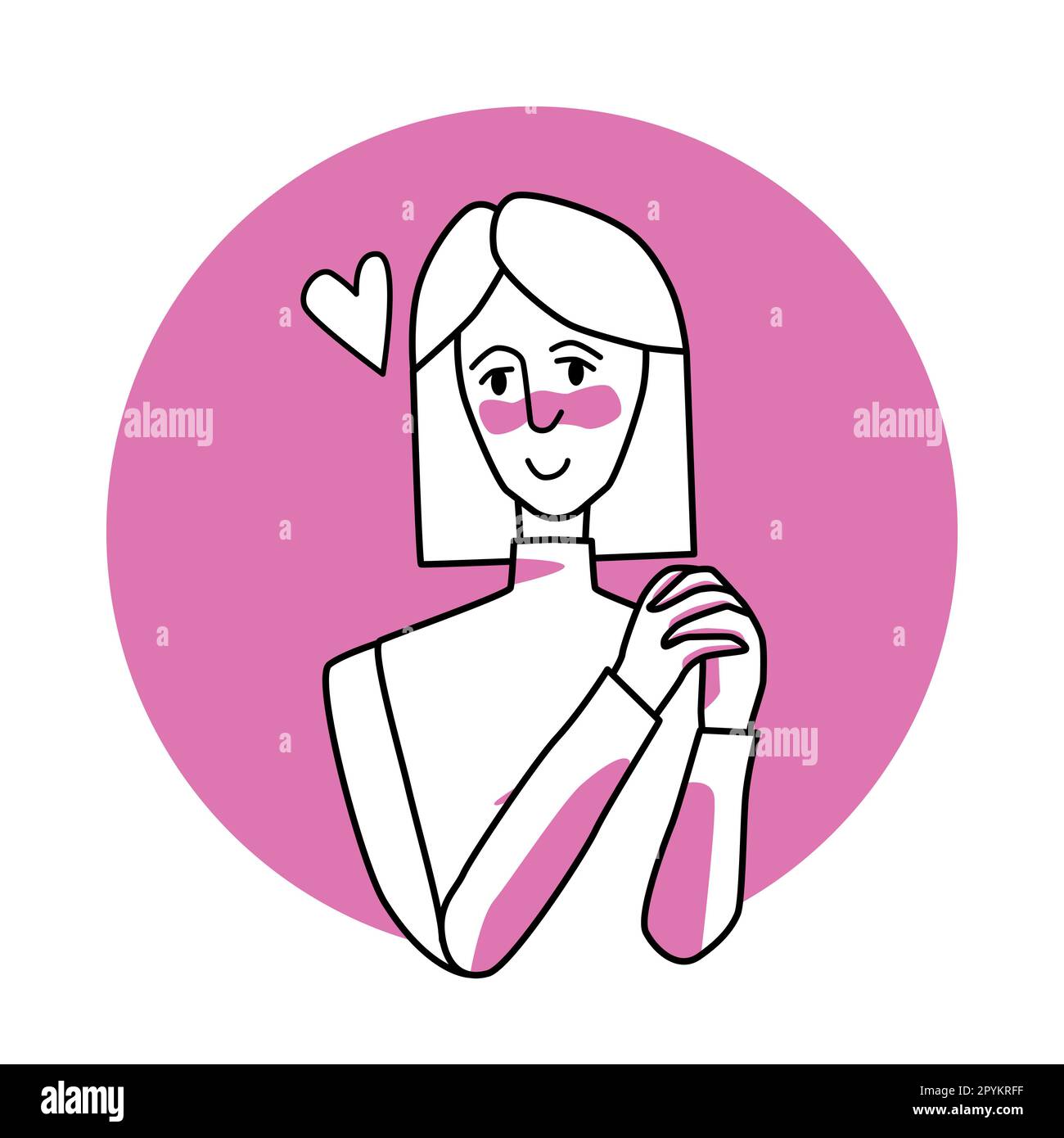 Donna timida con emozione d'amore, espressione facciale con gesti. Amata femmina dai capelli bianchi, che esprime i suoi sentimenti amori. Cerchio vettoriale rosa ico Illustrazione Vettoriale