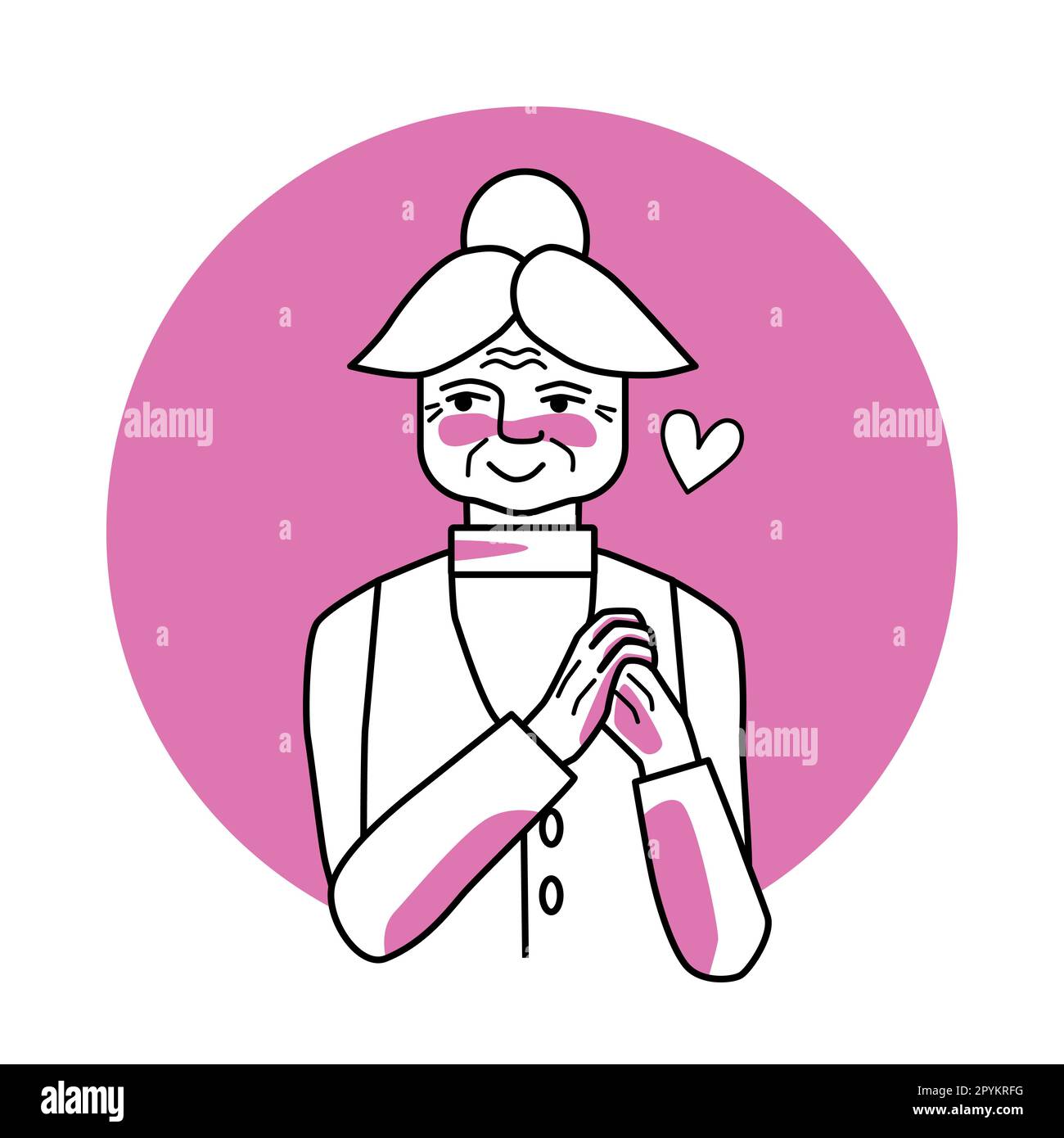 Donna timida con emozione d'amore, espressione facciale con gesti. Amata nonna dai capelli bianchi, che esprime i suoi sentimenti amori. Vettore rosa c Illustrazione Vettoriale
