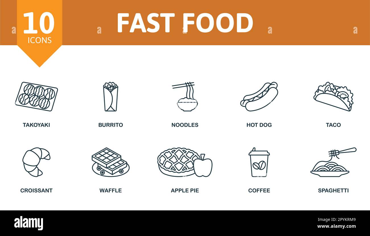 Set di contorni per fast food. Icone creative: takoyaki, burrito, tagliatelle, hot dog, taco, croissant, waffle, torta di mele, caffè, spaghetti. Illustrazione Vettoriale