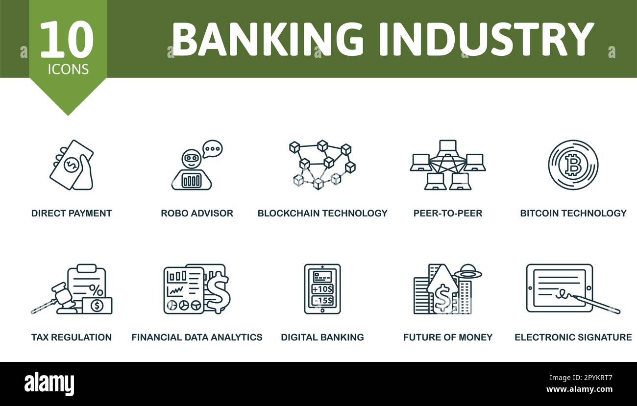 Insieme di linee generali per il settore bancario. Icone creative: Pagamento diretto, robo ADVISOR, tecnologia blockchain, peer-to-peer, tecnologia bitcoin, regolamentazione fiscale Illustrazione Vettoriale